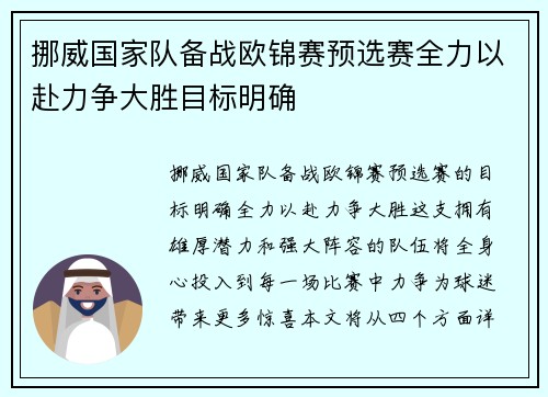 挪威国家队备战欧锦赛预选赛全力以赴力争大胜目标明确 挪威国家队备战欧锦赛预选赛全力以赴力争大胜目标明确