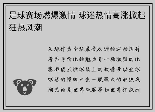 足球赛场燃爆激情 球迷热情高涨掀起狂热风潮 足球赛场燃爆激情 球迷热情高涨掀起狂热风潮