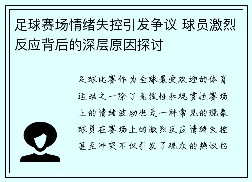 足球赛场情绪失控引发争议 球员激烈反应背后的深层原因探讨